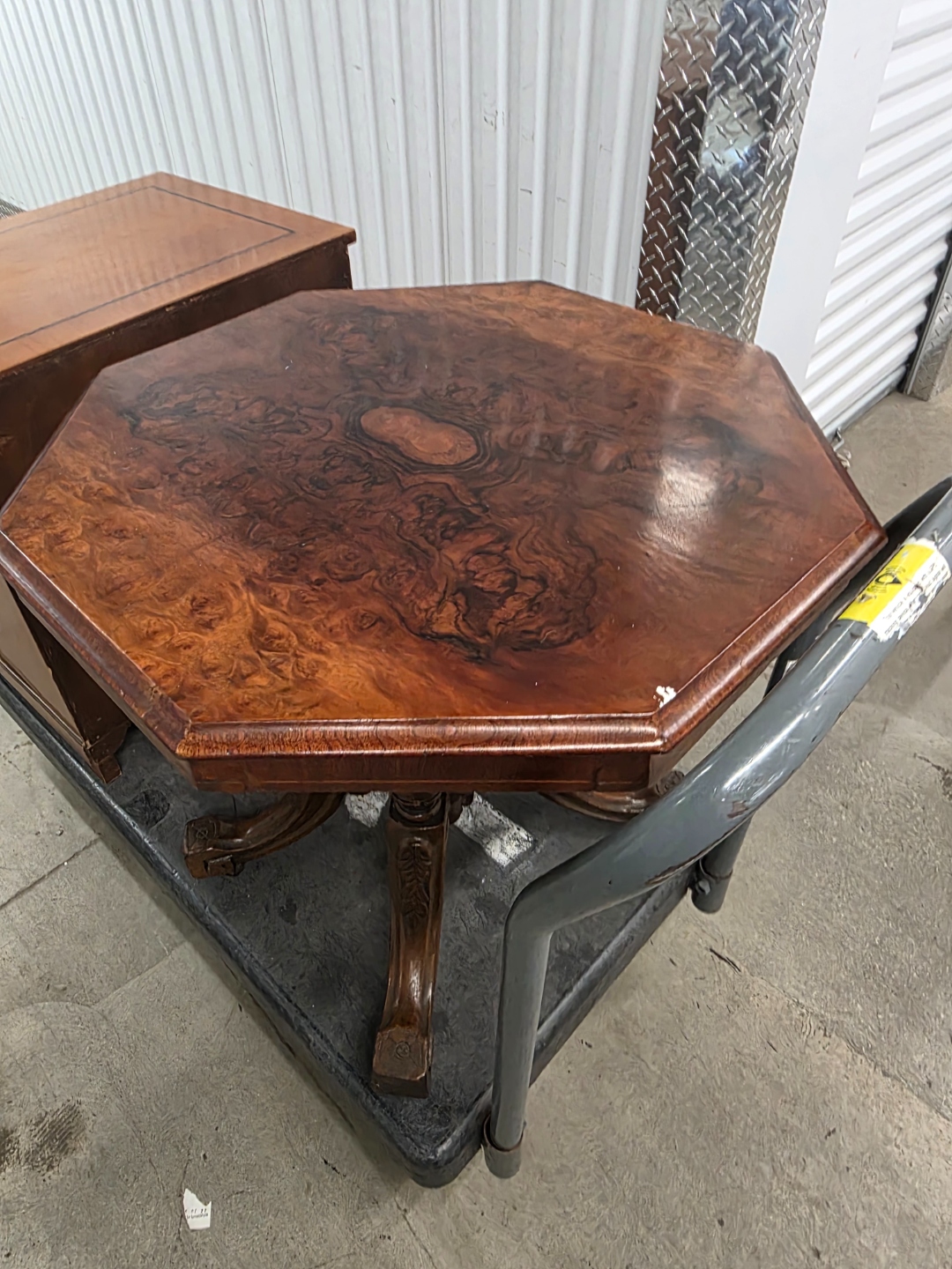 Octagonal Side Table — Burled walnut top · carved pedestal base