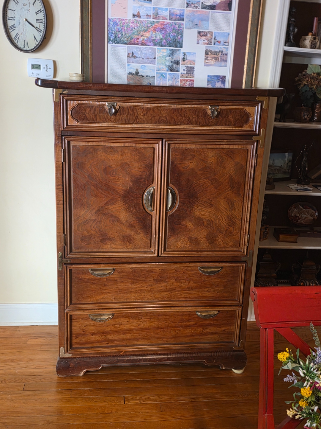 Mid-Century Cabinet — Burled walnut · brass campaign hardware · carved details