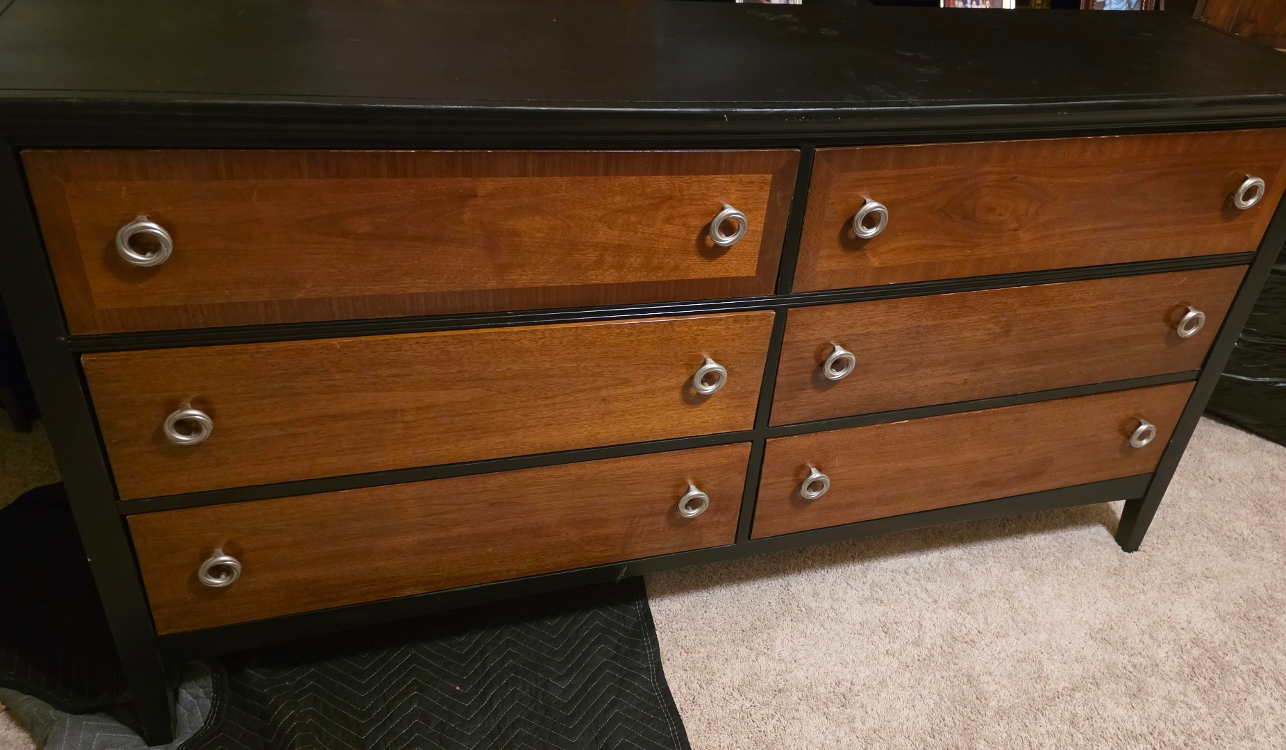 Two-Tone Dresser — Ebonized frame · walnut fronts · chrome ring pulls