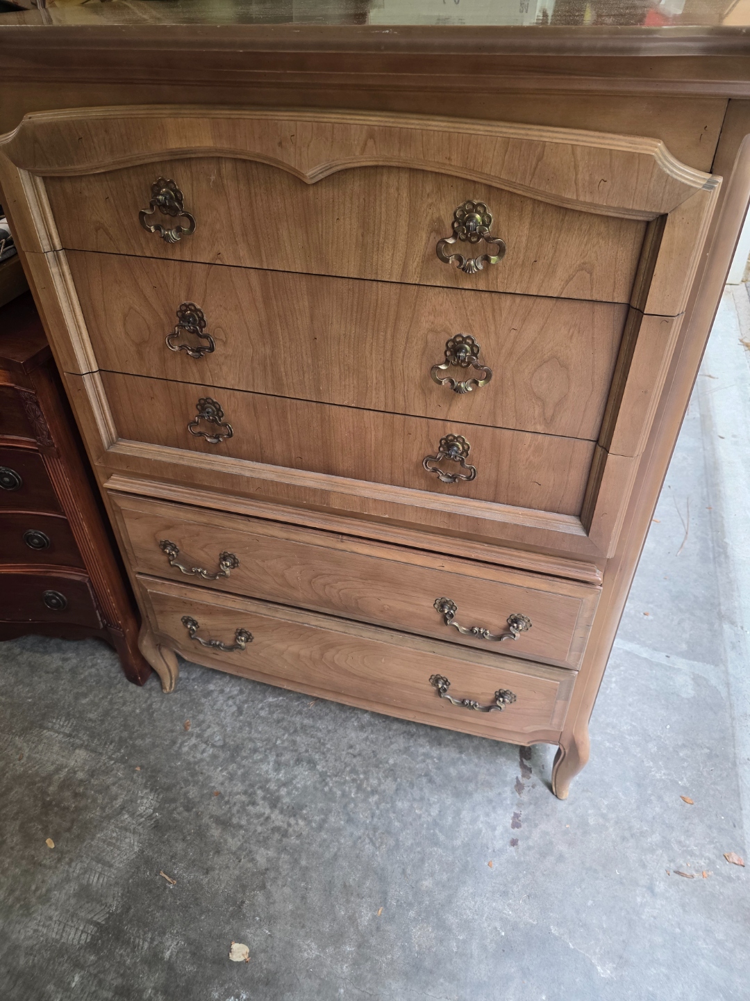 French Provincial Highboy — Carved arched bonnet · original brass pulls · cabriole feet